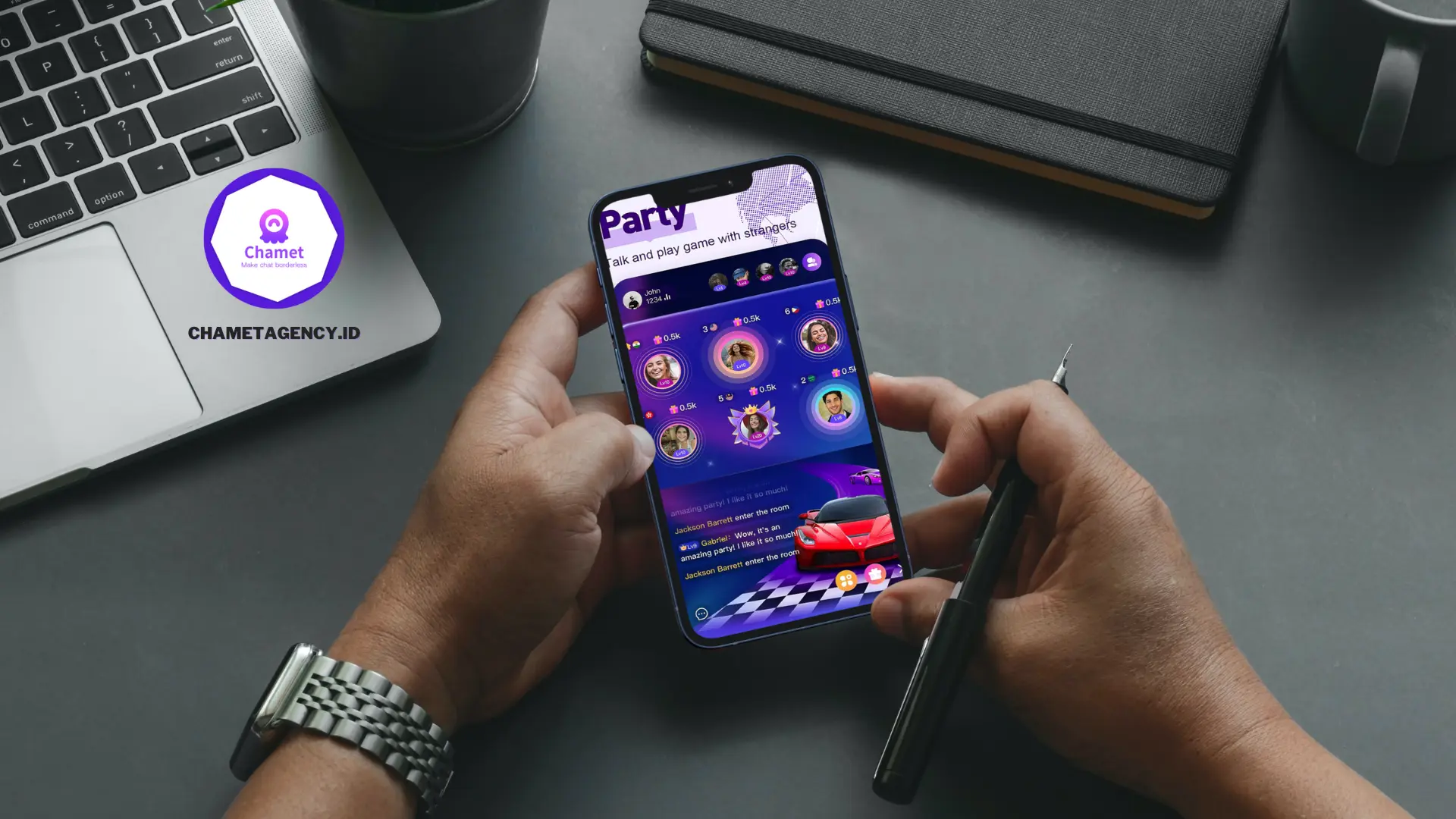 Chamet Live interface showcasing video call and chat functionalities.